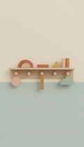 Wooden wall shelf with hooks
