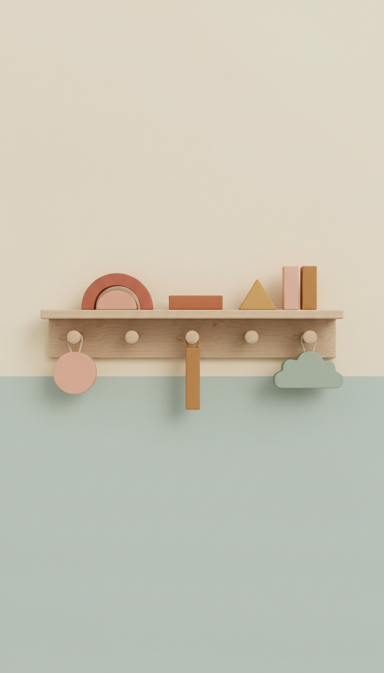 Wooden wall shelf with hooks