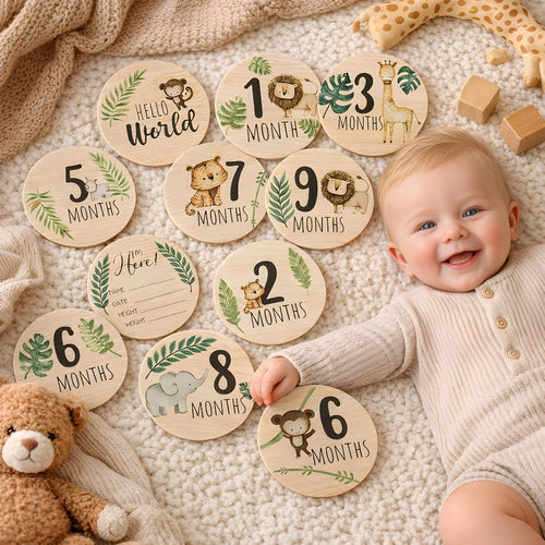 Baby Milestone Cards – Safari Jungle Theme | Monthly Photo Props (Hello World to 1 Year)