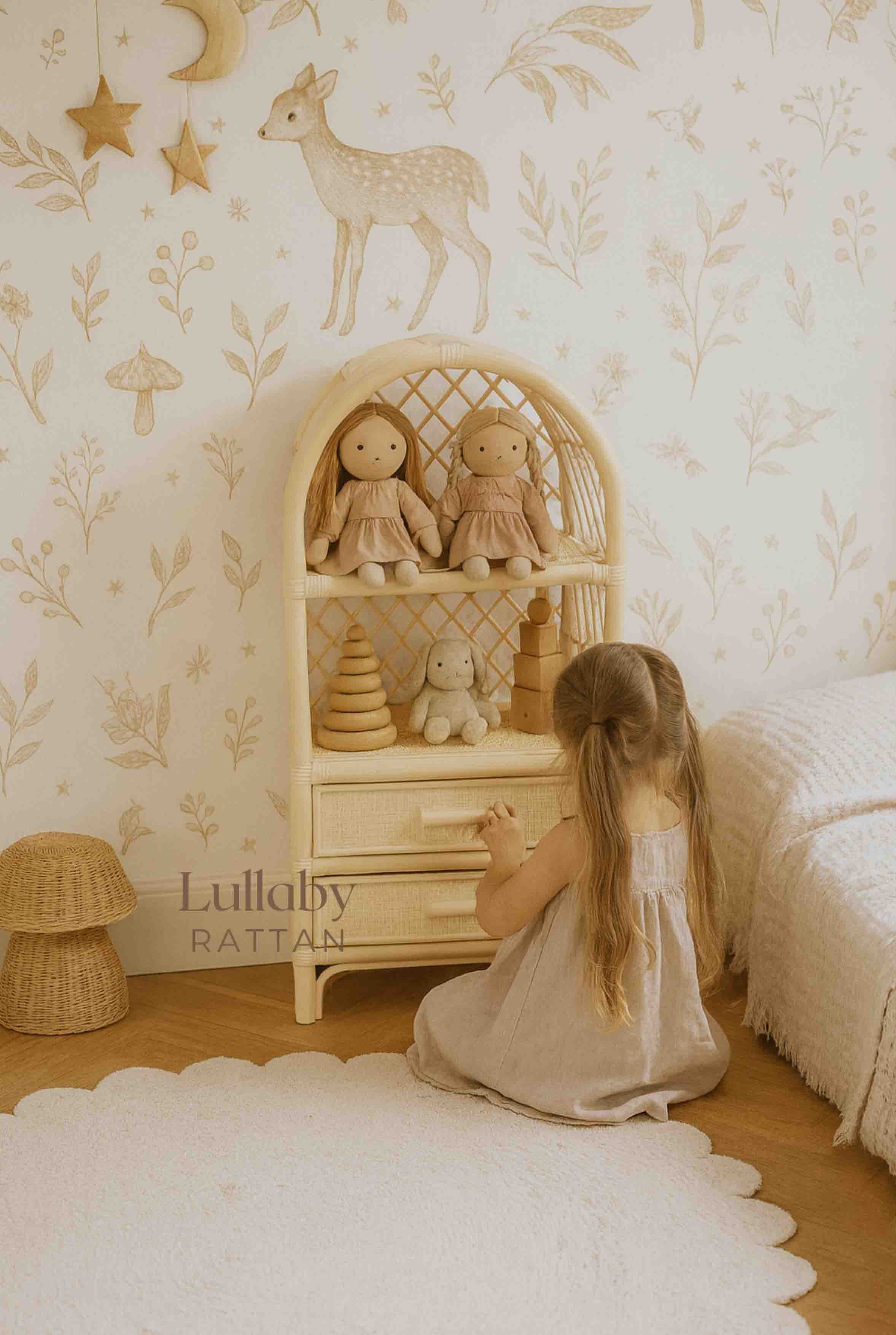 Boho Rattan Kids Bookshelf & Toy Storage – Montessori Doll Shelf, Eco-Friendly Nursery & Playroom Furniture (18x11.8x35")