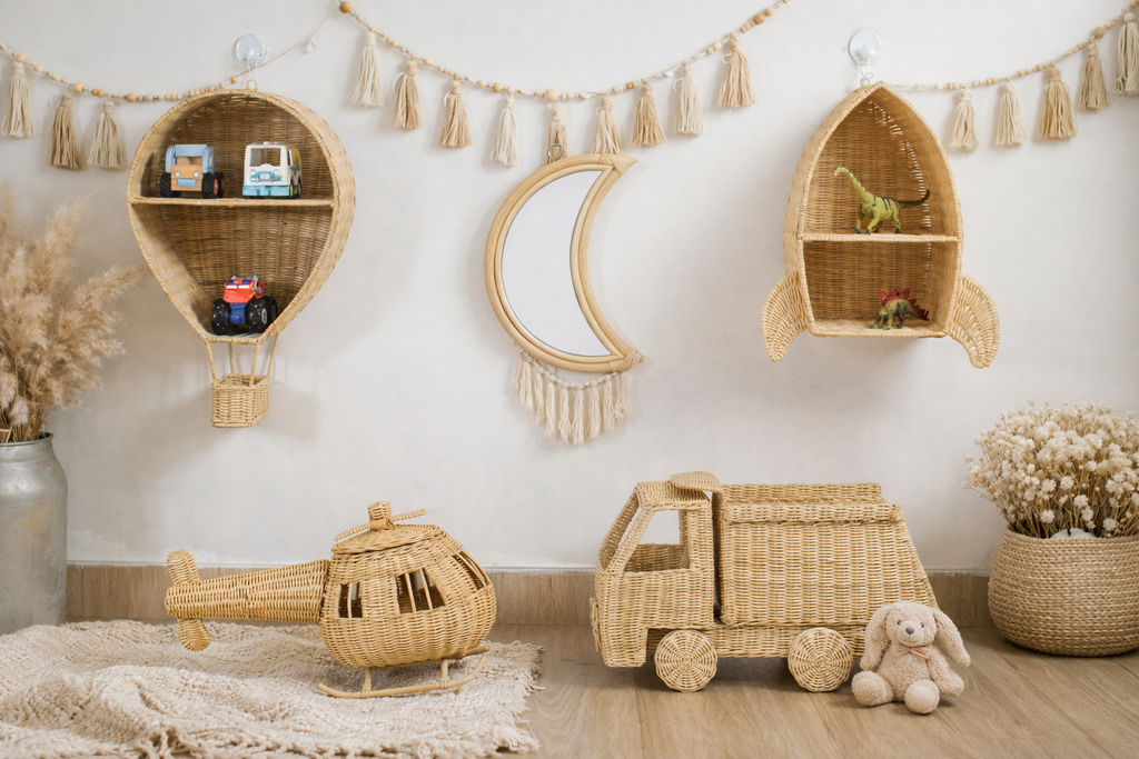 Rattan Toy Helicopter – Handcrafted Boho Pretend Play Toy for Kids | Montessori Airplane Nursery Decor
