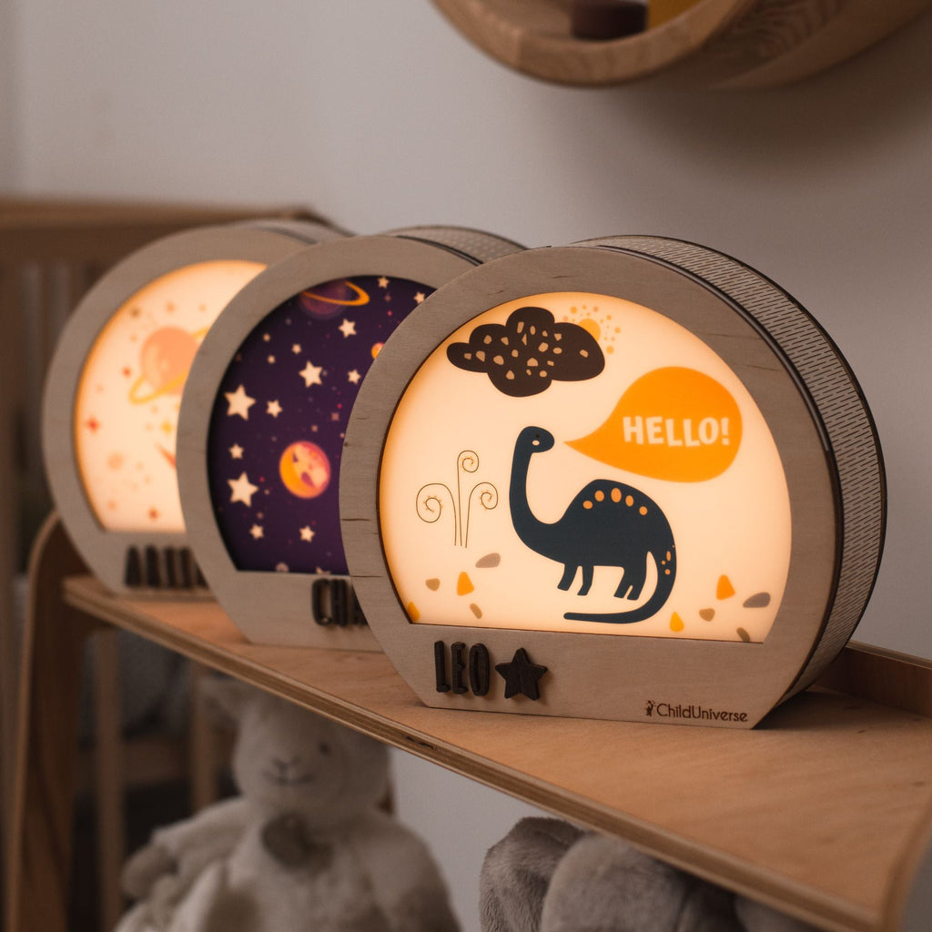 Personalized Dinosaur Night Light for Boys – Custom Engraved Wooden Kids Lamp for Bedroom & Nursery