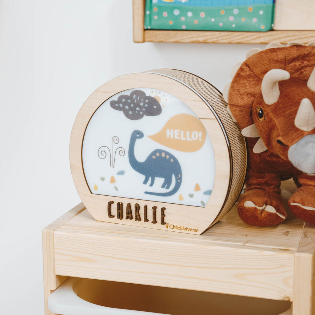 Personalized Dinosaur Night Light for Boys – Custom Engraved Wooden Kids Lamp for Bedroom & Nursery