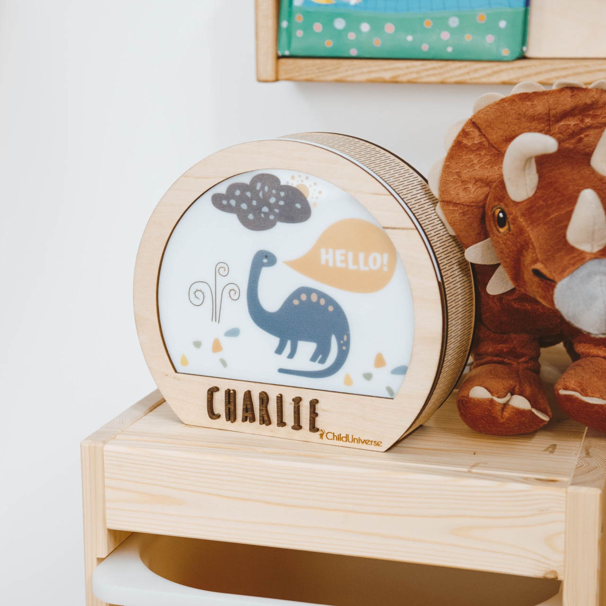 Personalized Dinosaur Night Light for Boys – Custom Engraved Wooden Kids Lamp for Bedroom & Nursery