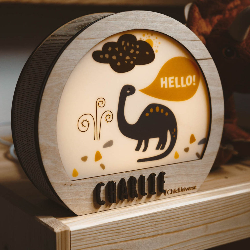 Personalized Dinosaur Night Light for Boys – Custom Engraved Wooden Kids Lamp for Bedroom & Nursery
