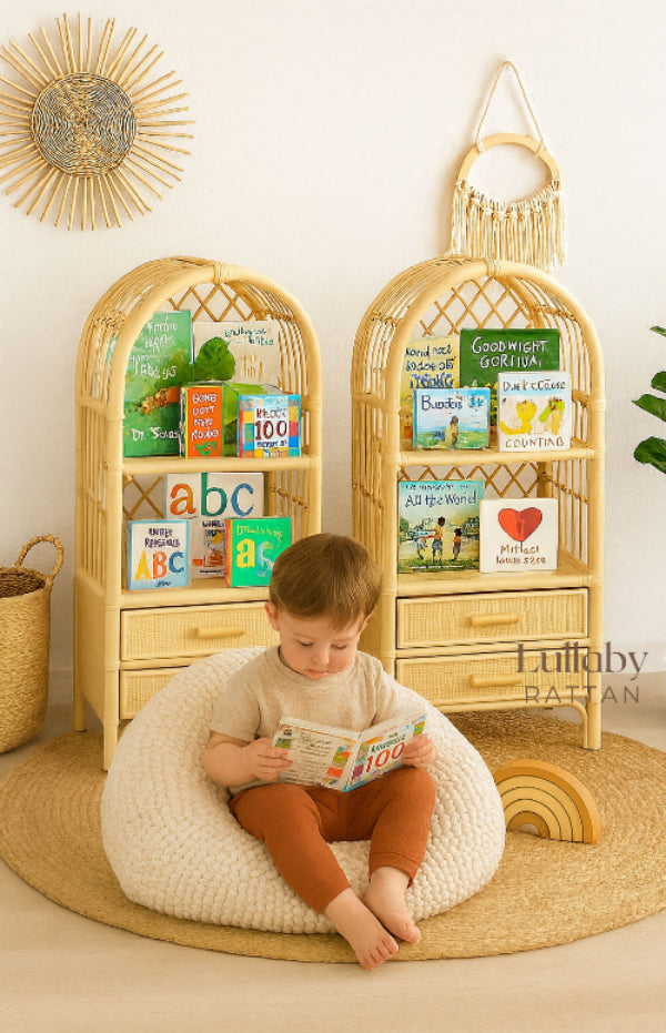 Boho Rattan Kids Bookshelf & Toy Storage – Montessori Doll Shelf, Eco-Friendly Nursery & Playroom Furniture (18x11.8x35")