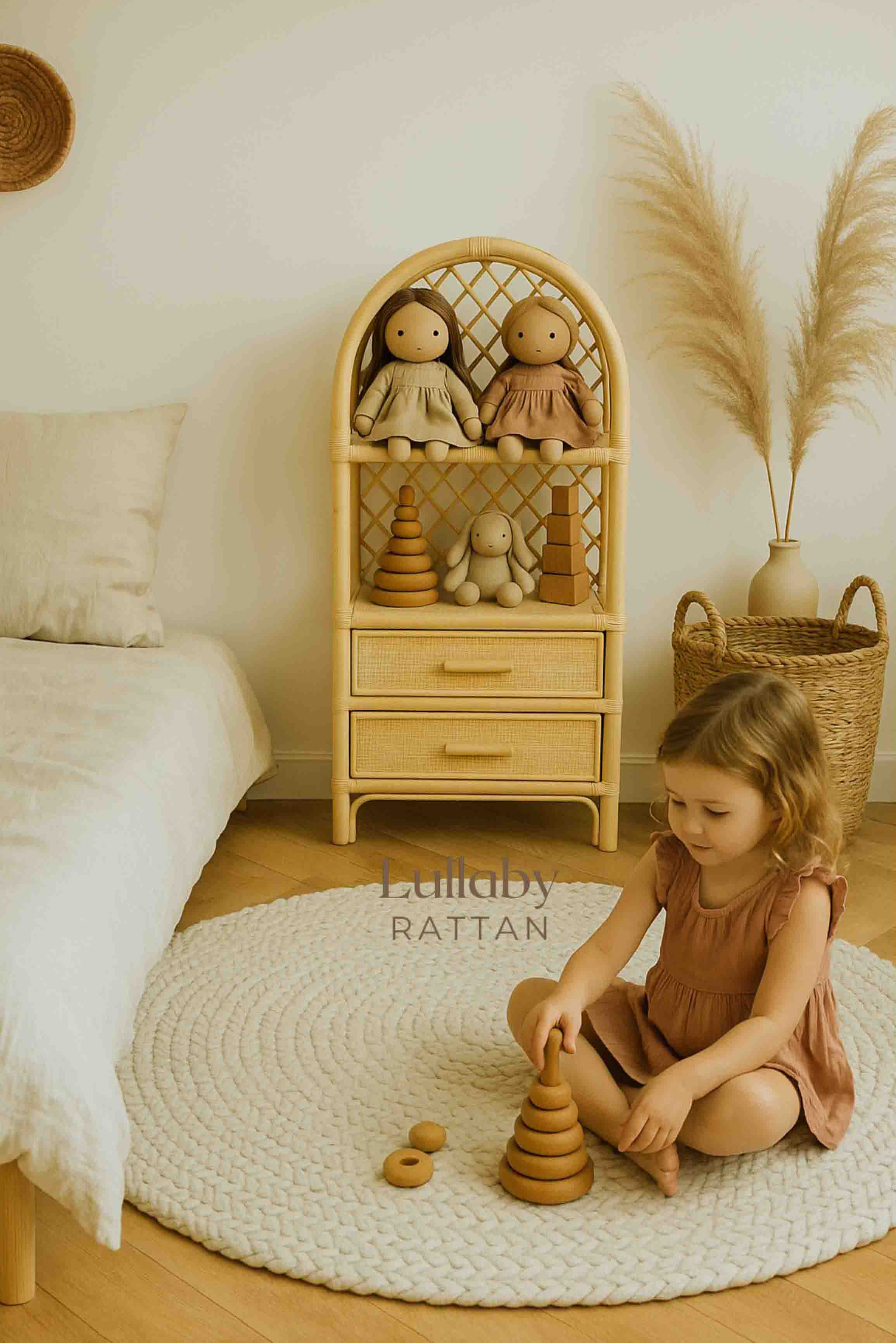 Boho Rattan Kids Bookshelf & Toy Storage – Montessori Doll Shelf, Eco-Friendly Nursery & Playroom Furniture (18x11.8x35")