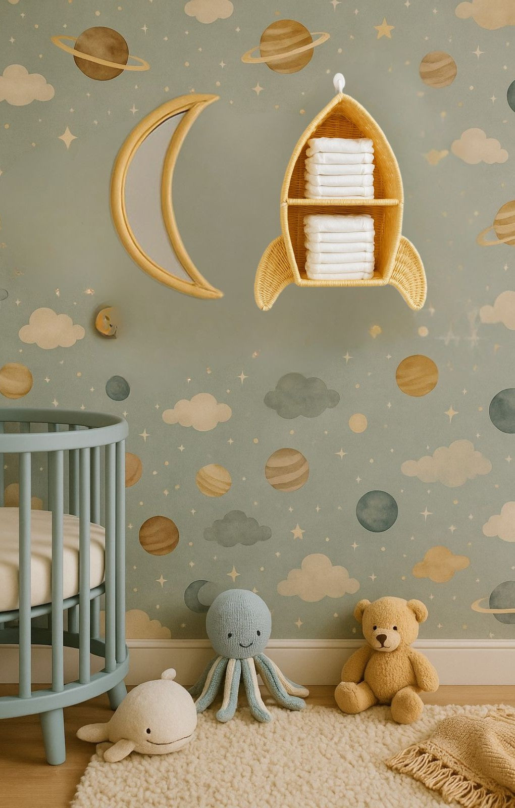 Rattan Rocket Ship Wall Shelf – Space Theme Kids Room & Nursery Decor