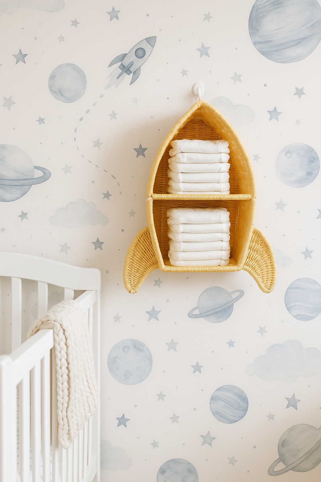 Rattan Rocket Ship Wall Shelf – Space Theme Kids Room & Nursery Decor