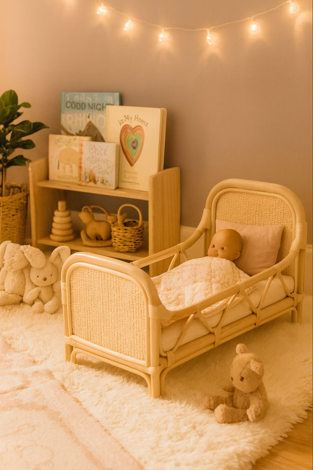 Rattan Doll Bed – Boho Montessori Doll Furniture for Kids & Toddlers