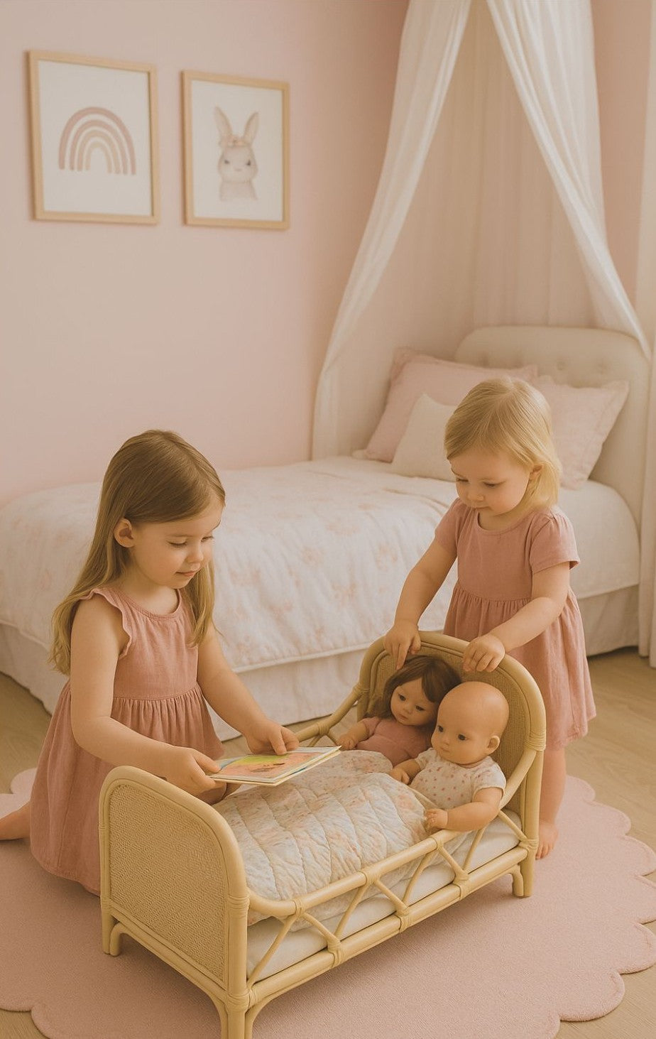 Rattan Doll Bed – Boho Montessori Doll Furniture for Kids & Toddlers