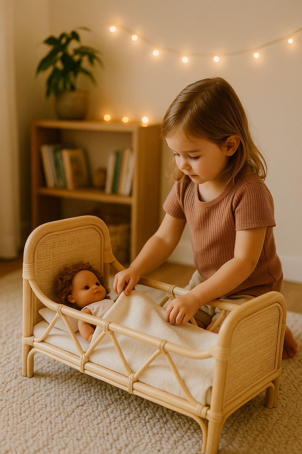 Rattan Doll Bed – Boho Montessori Doll Furniture for Kids & Toddlers