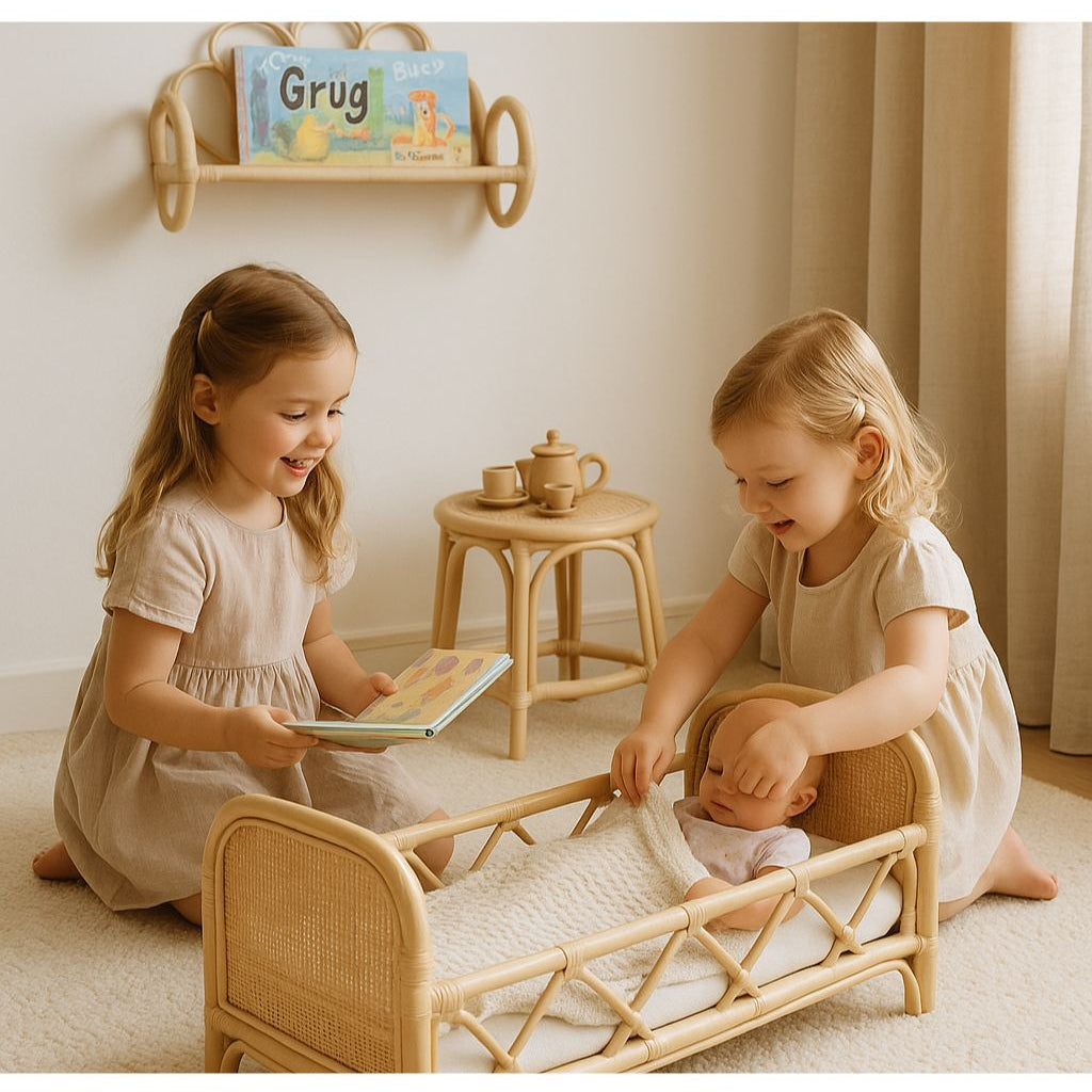 Rattan Doll Bed – Boho Montessori Doll Furniture for Kids & Toddlers