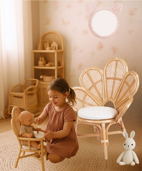 Blossom Bloom Rattan Flower Chair – Handwoven Kids & Doll Chair | Boho Nursery Playroom Furniture (24x16x29")