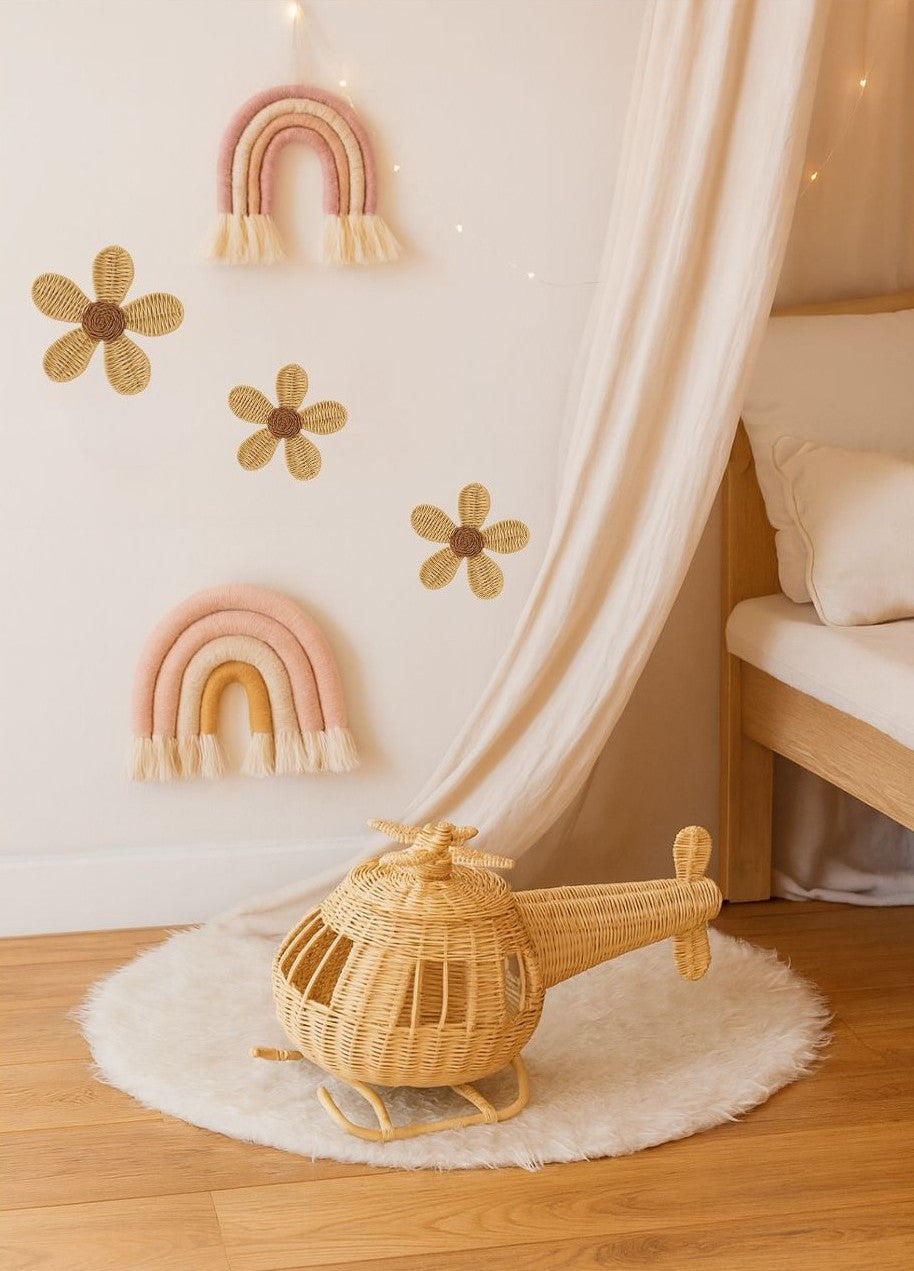 Rattan Daisy Wall Decor | Boho Nursery Wall Art | Kids Room Flower Wall Hanging | Handmade Natural