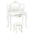 Kids Makeup Dressing Table with Tri-Folding Mirror & Stool – Girls Vanity Set with Drawer in White