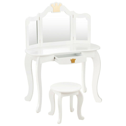 Kids Makeup Dressing Table with Tri-Folding Mirror & Stool – Girls Vanity Set with Drawer in White