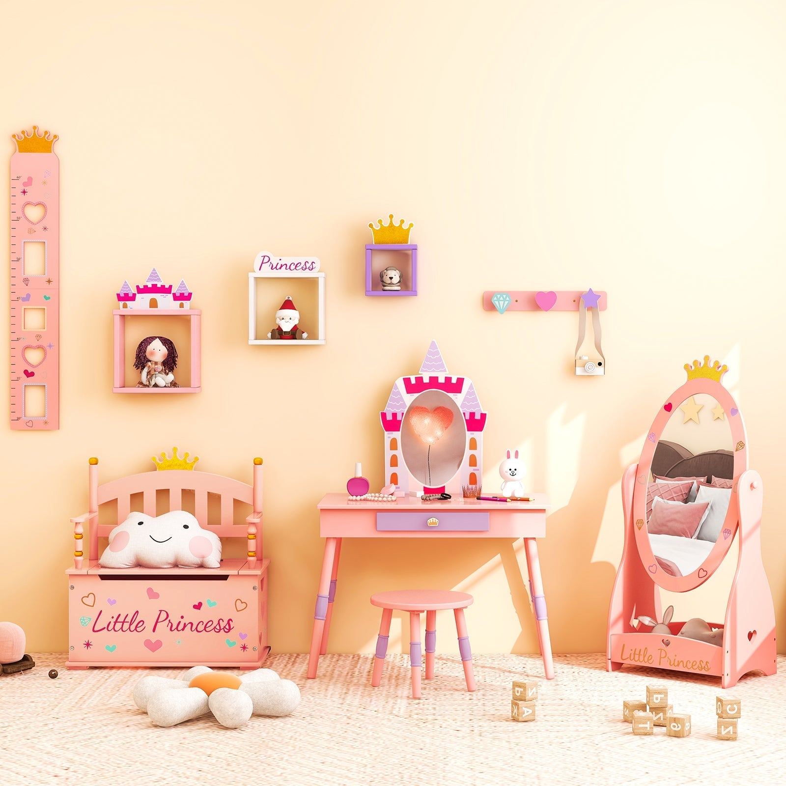Kids Full Length Mirror with 360° Rotating Design & Shelf – Pink Girls Room Décor