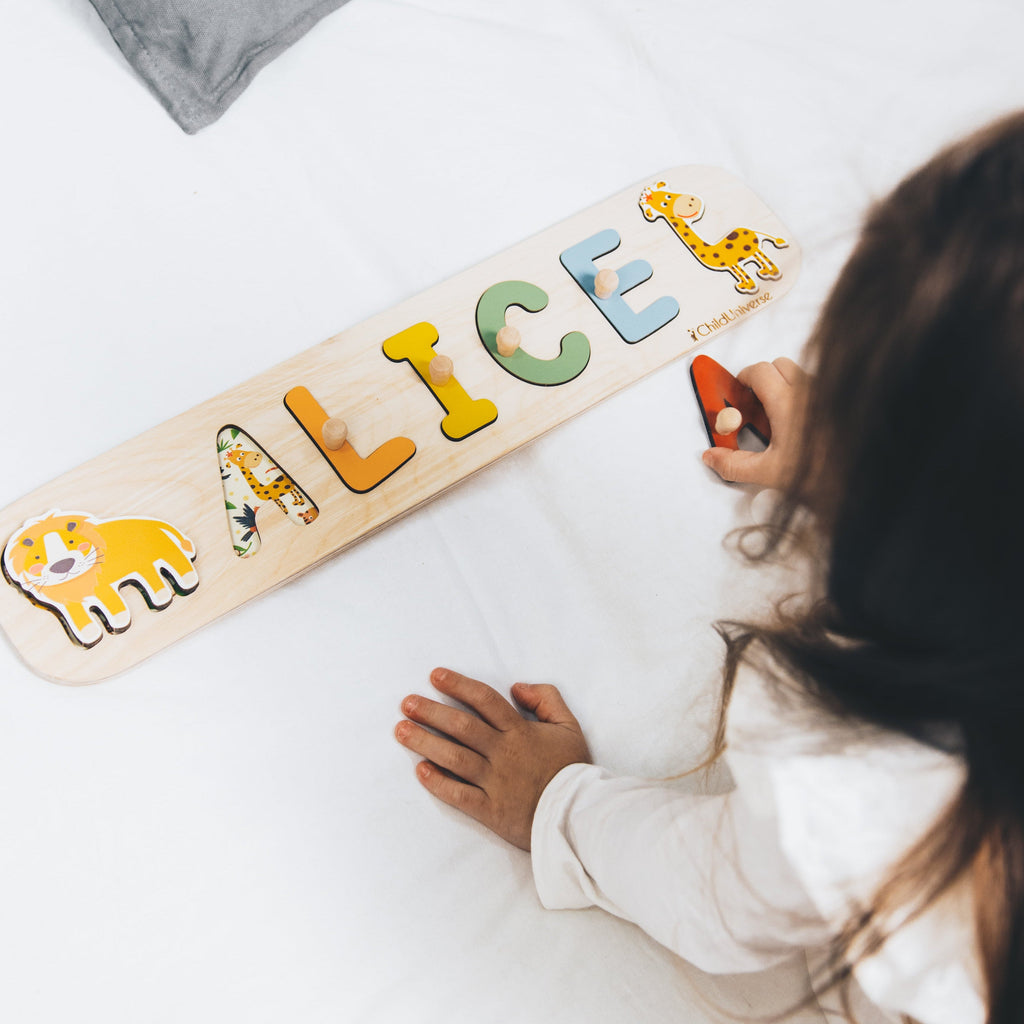 Personalized Safari Name Puzzle for Kids – Wooden African Animal Name Board for Toddlers & Nursery Decor