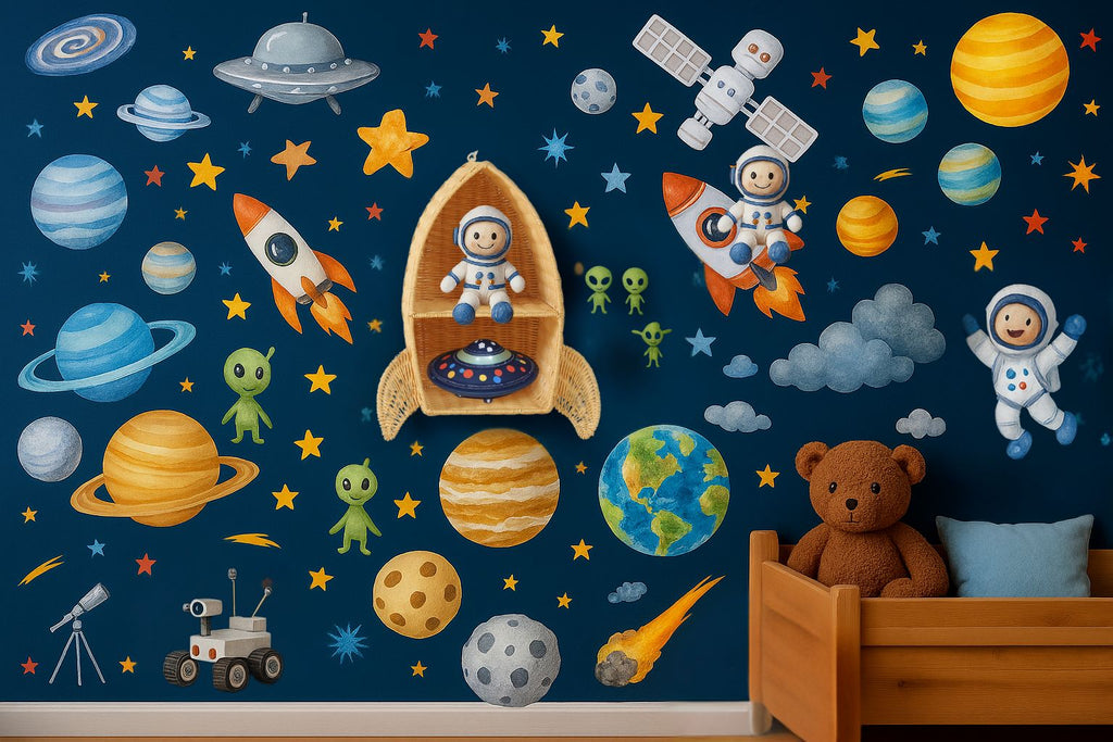 Rattan Rocket Ship Wall Shelf – Space Theme Kids Room & Nursery Decor