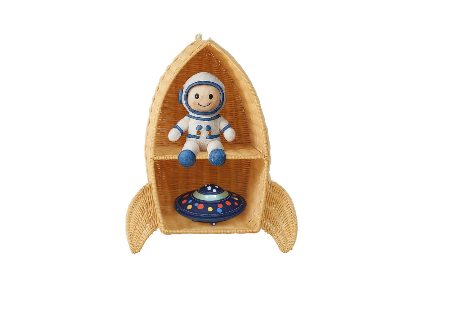 Rattan Rocket Ship Wall Shelf – Space Theme Kids Room & Nursery Decor
