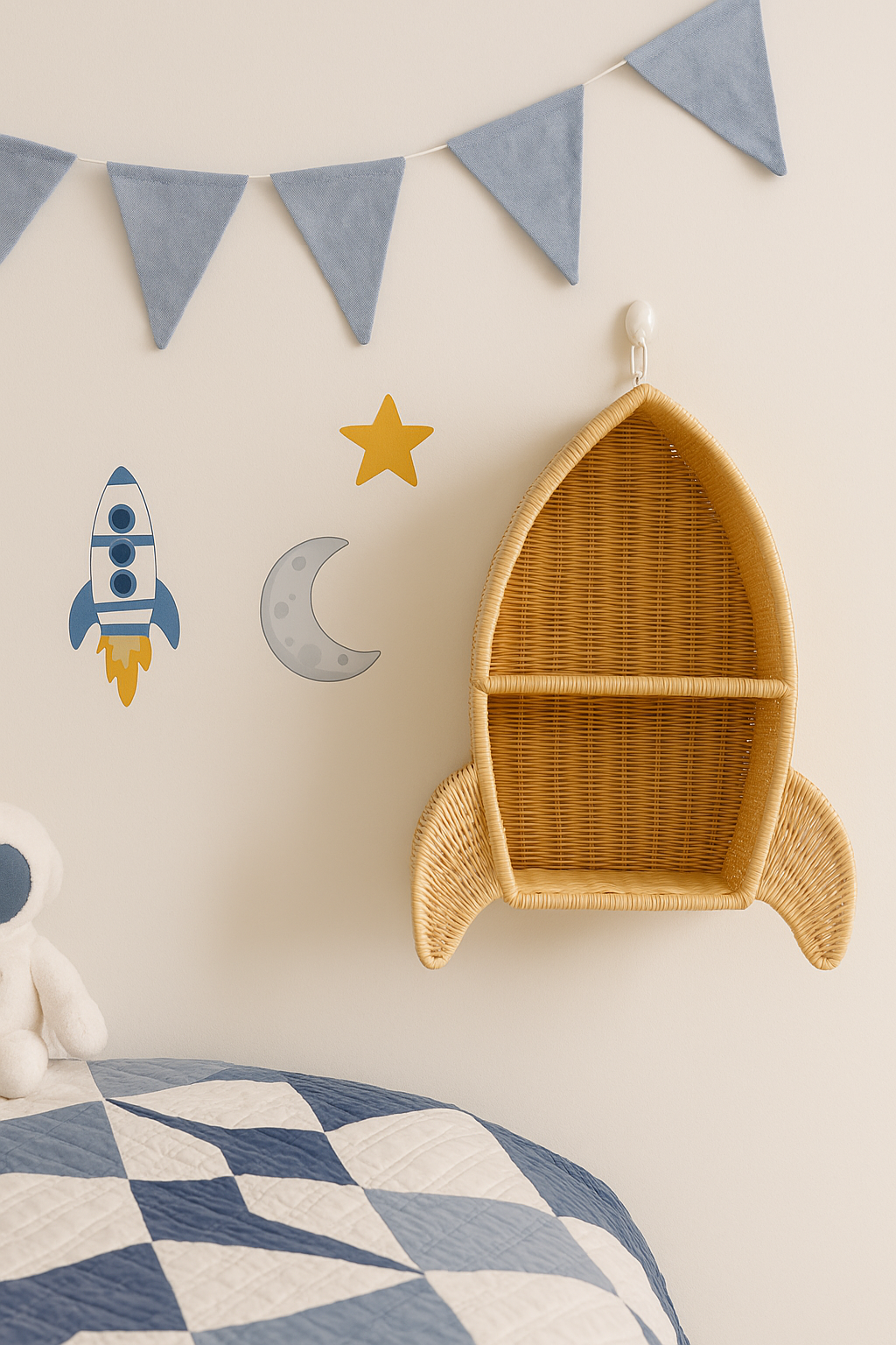 Rattan Rocket Ship Wall Shelf – Space Theme Kids Room & Nursery Decor