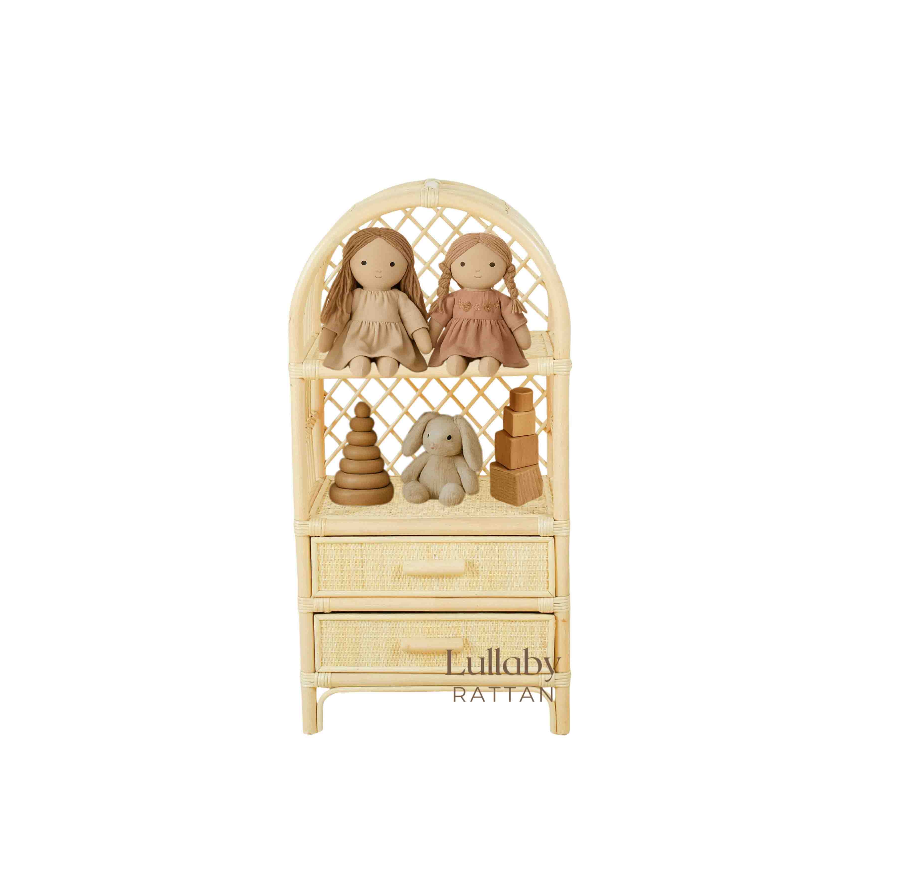 Boho Rattan Kids Bookshelf & Toy Storage – Montessori Doll Shelf, Eco-Friendly Nursery & Playroom Furniture (18x11.8x35")
