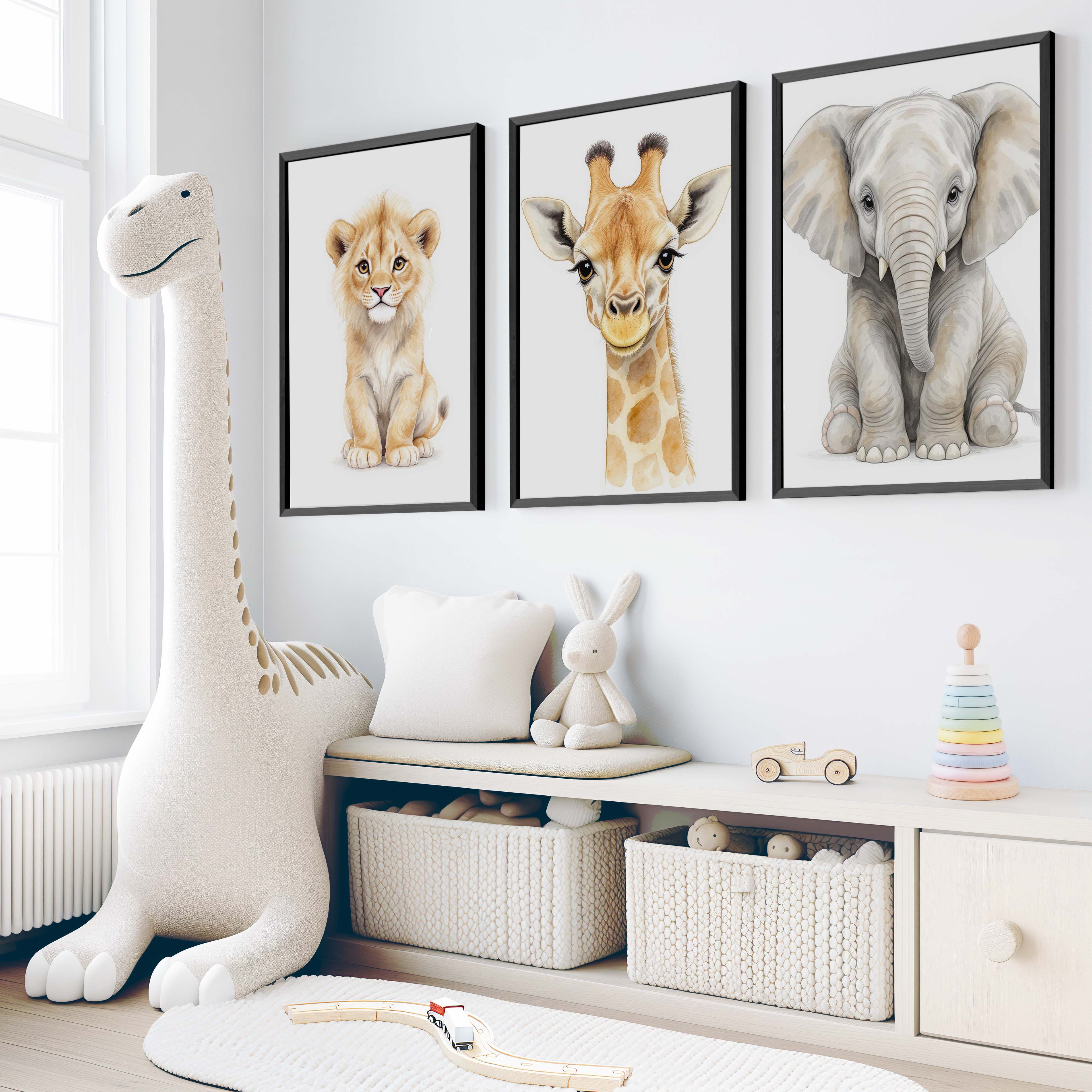 Safari Animal Nursery Wall Art – Set of 3 Prints with Elephant, Lion & Giraffe