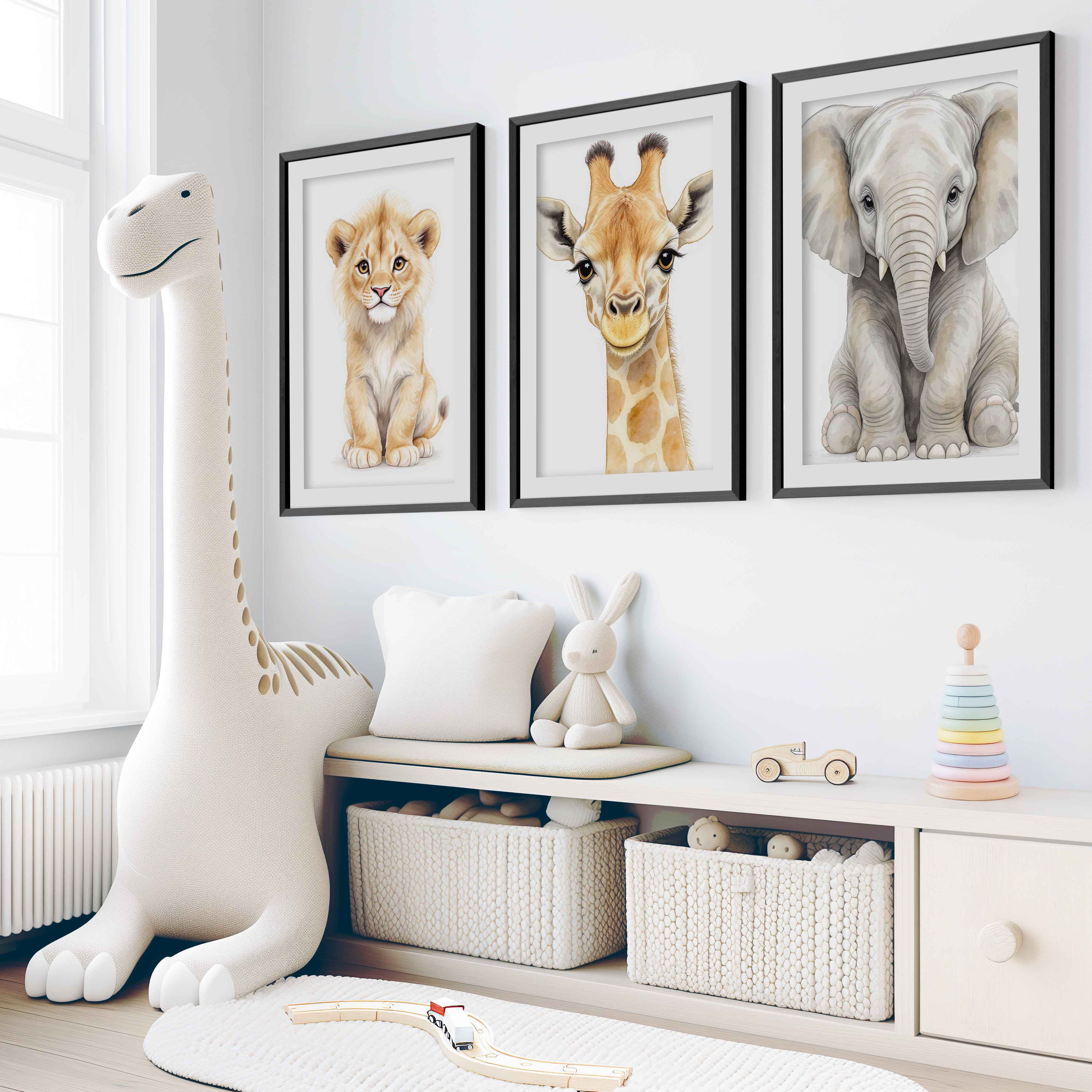 Safari Animal Nursery Wall Art – Set of 3 Prints with Elephant, Lion & Giraffe