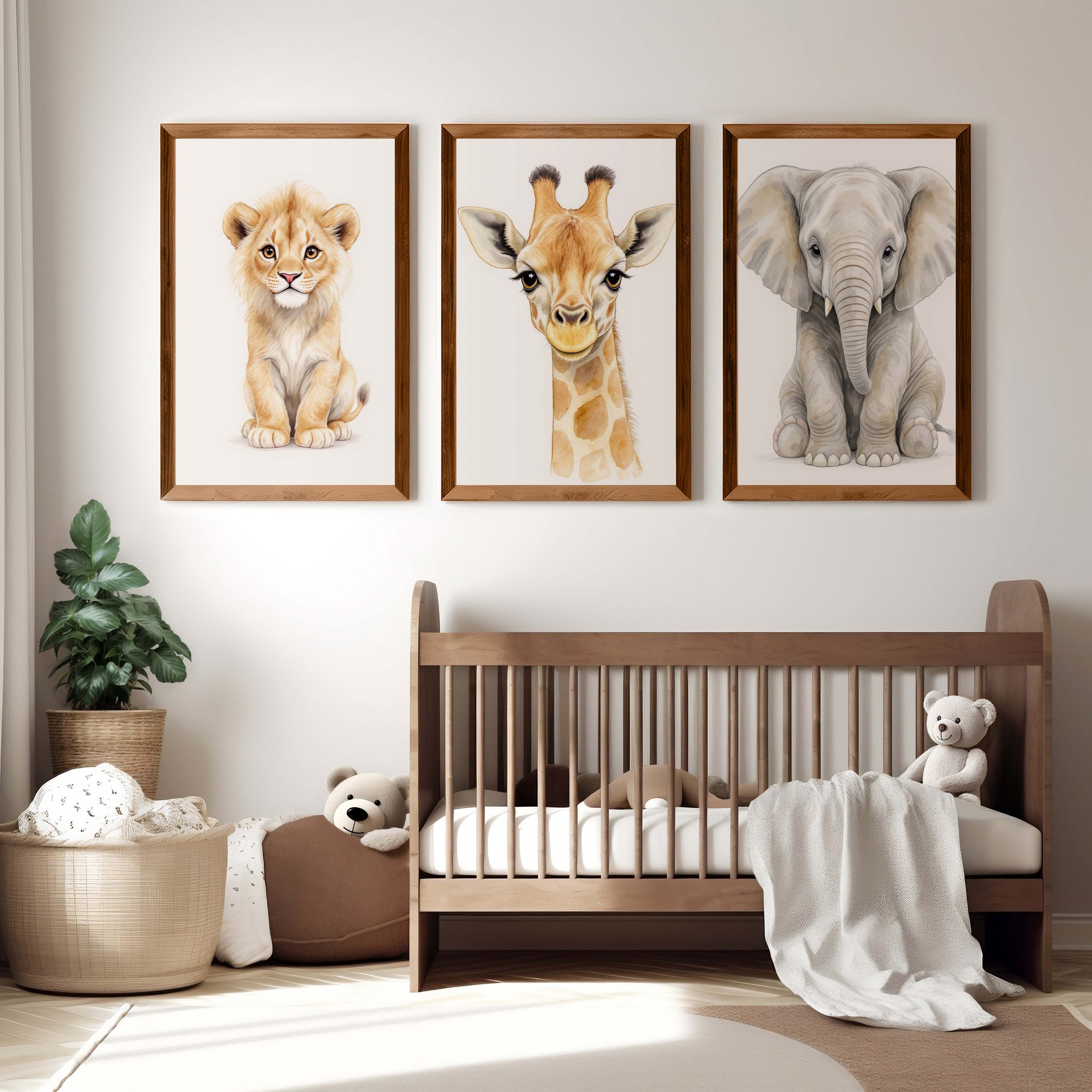 Safari Animal Nursery Wall Art – Set of 3 Prints with Elephant, Lion & Giraffe