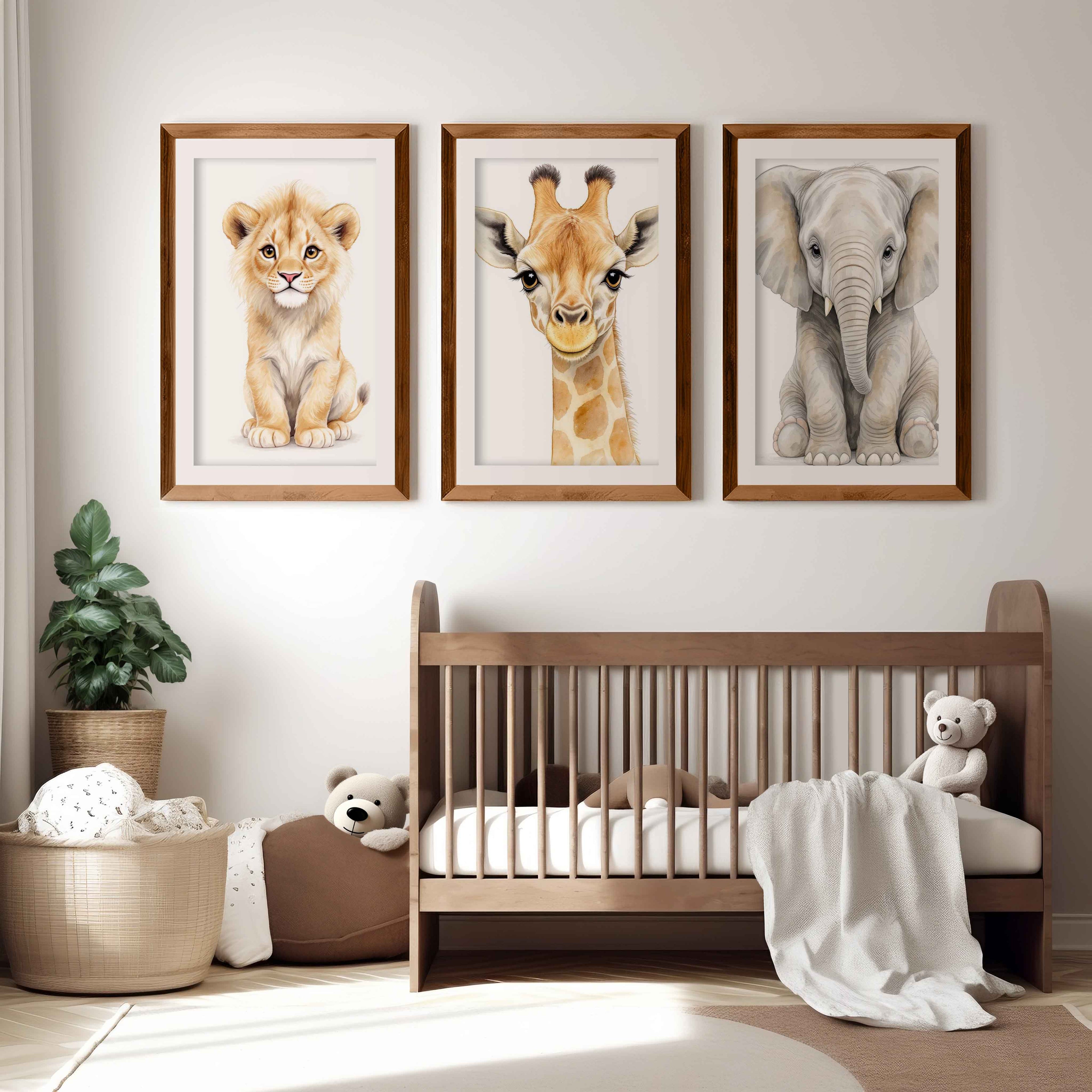 Safari Animal Nursery Wall Art – Set of 3 Prints with Elephant, Lion & Giraffe