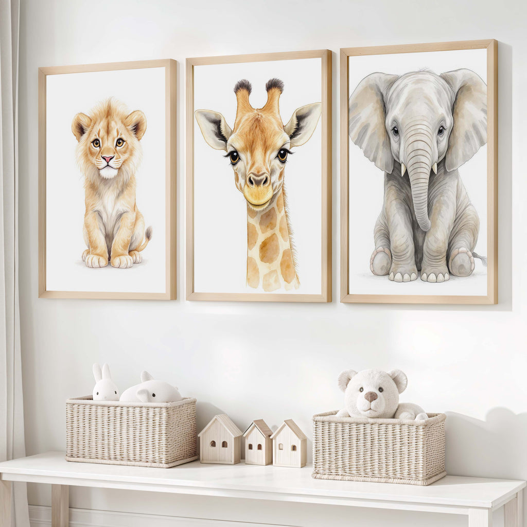 Safari Animal Nursery Wall Art – Set of 3 Prints with Elephant, Lion & Giraffe