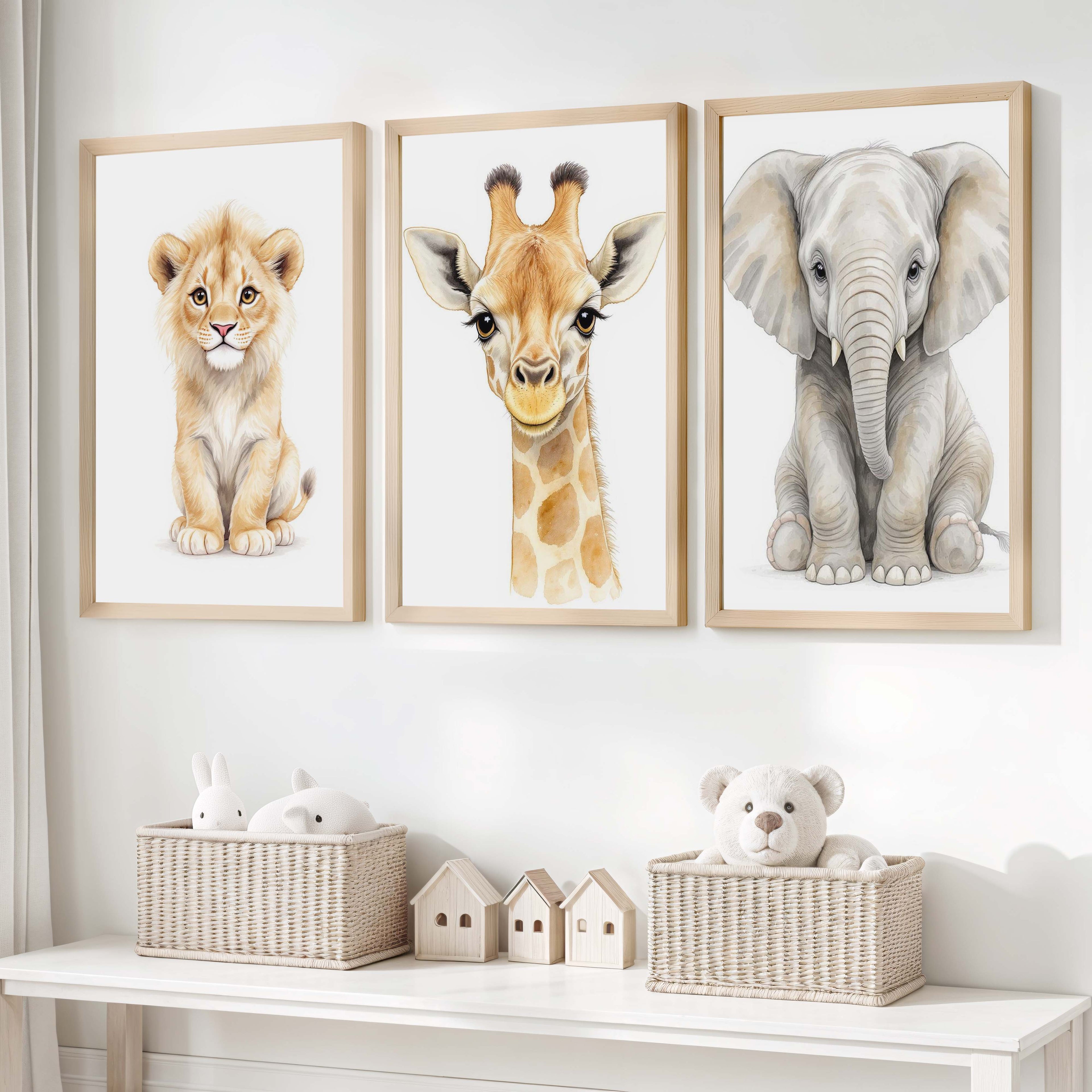 Safari Animal Nursery Wall Art – Set of 3 Prints with Elephant, Lion & Giraffe