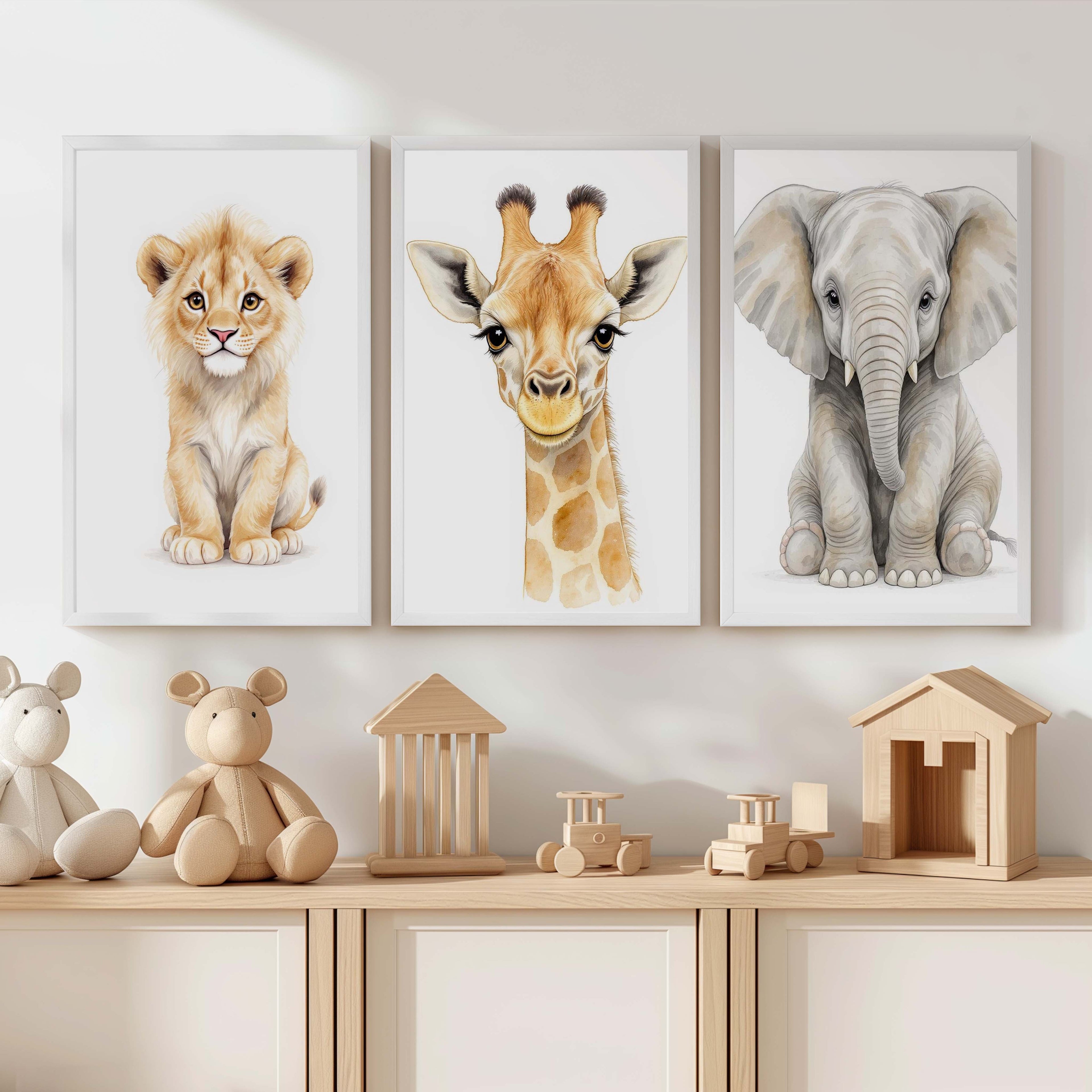 Safari Animal Nursery Wall Art – Set of 3 Prints with Elephant, Lion & Giraffe