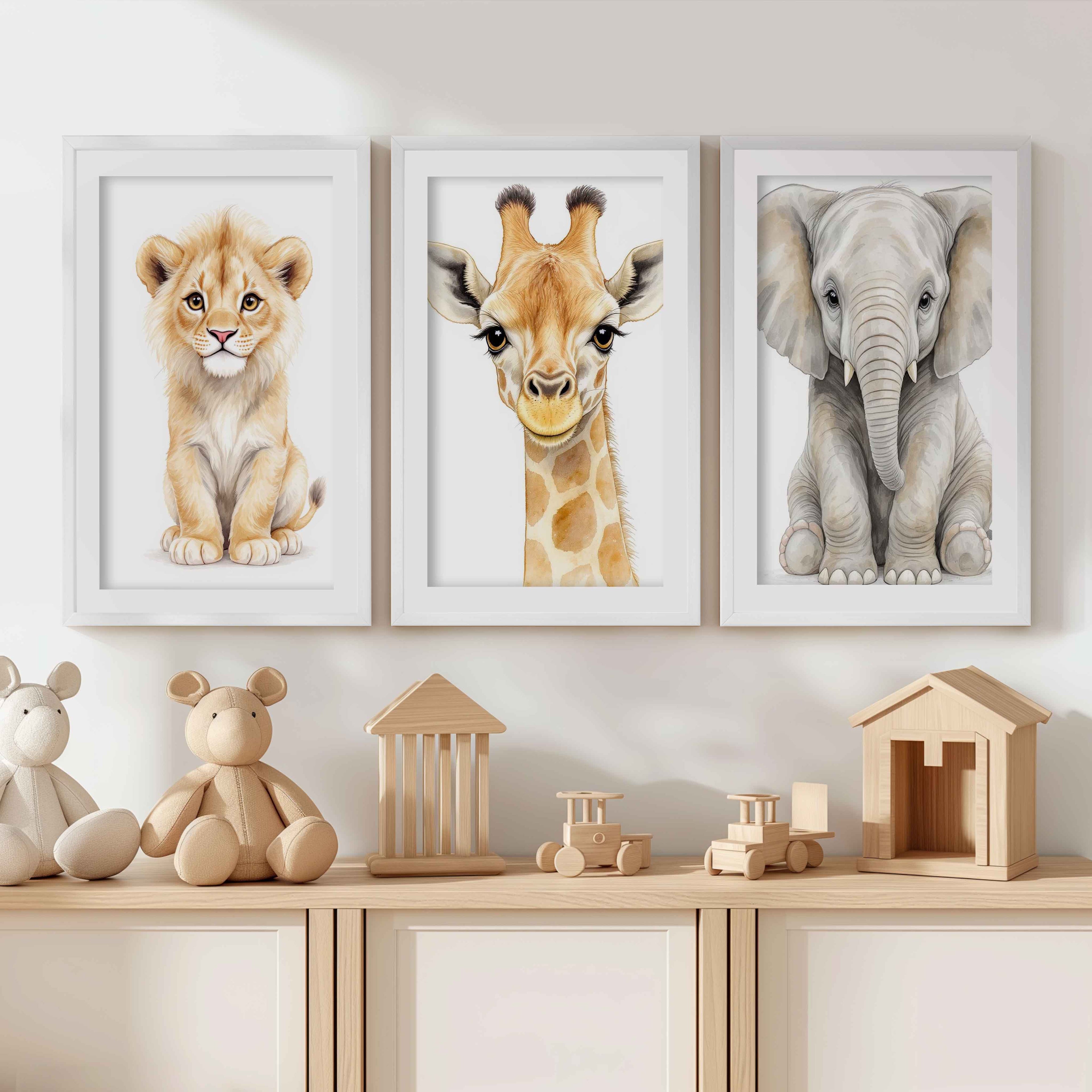 Safari Animal Nursery Wall Art – Set of 3 Prints with Elephant, Lion & Giraffe