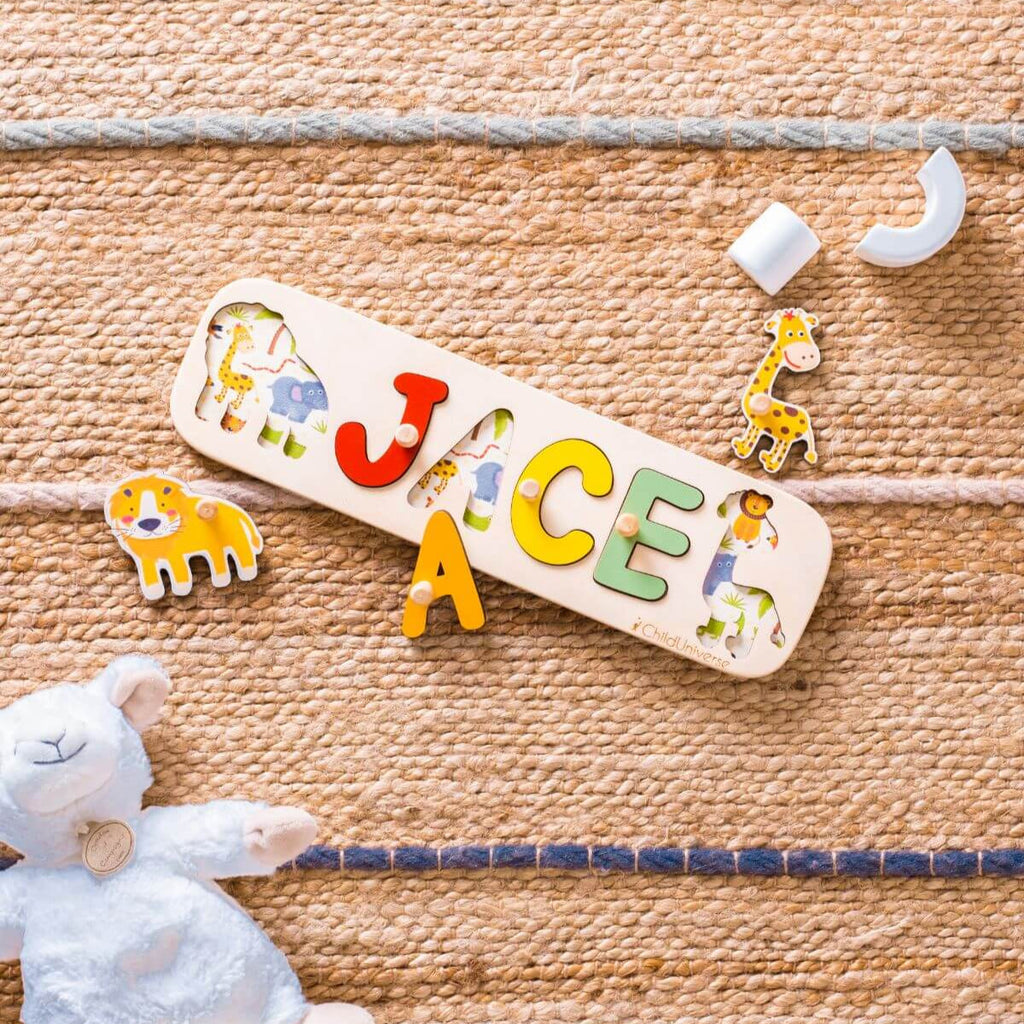 Personalized Safari Name Puzzle for Kids – Wooden African Animal Name Board for Toddlers & Nursery Decor