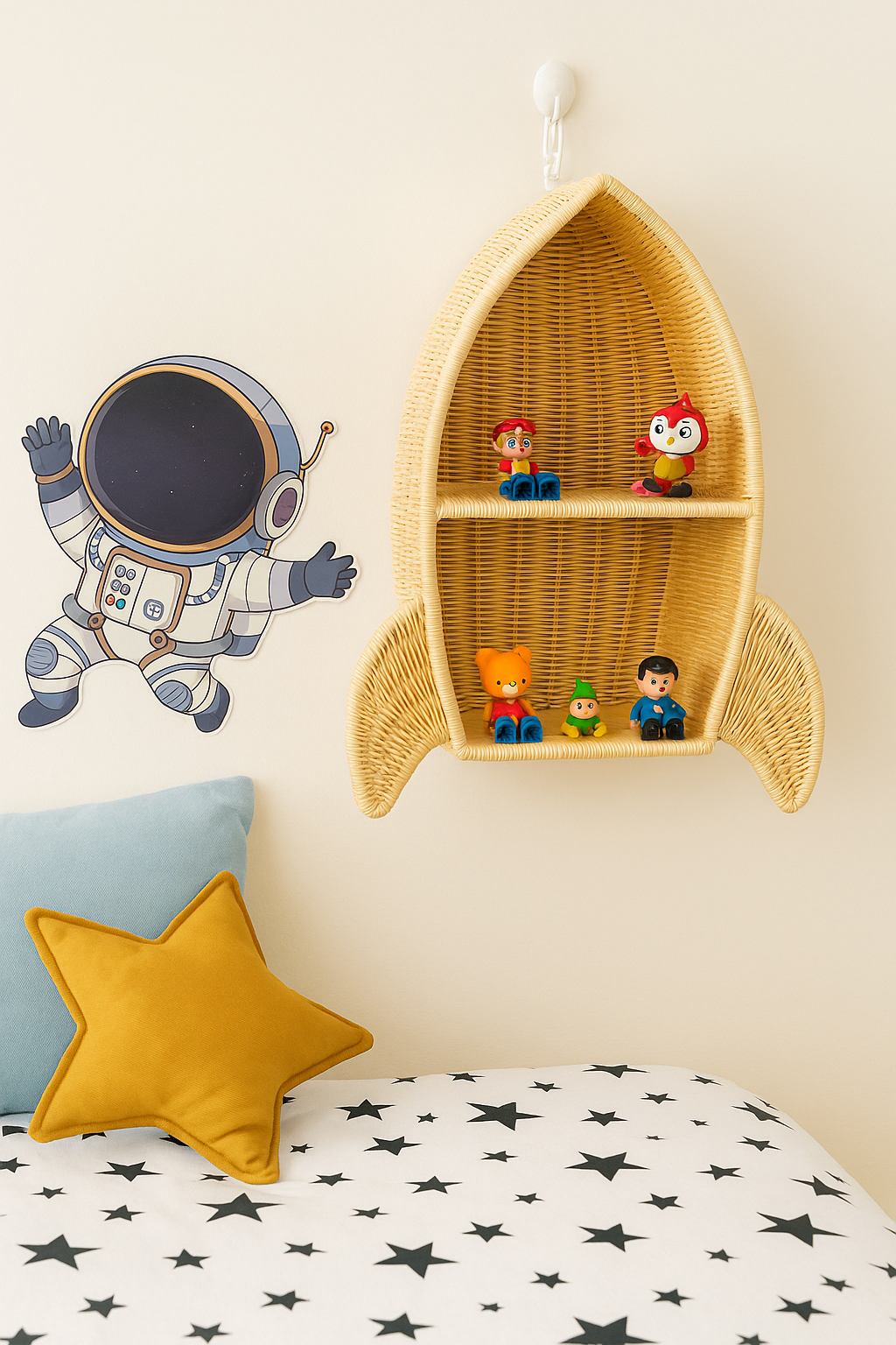 Rattan Rocket Ship Wall Shelf – Space Theme Kids Room & Nursery Decor