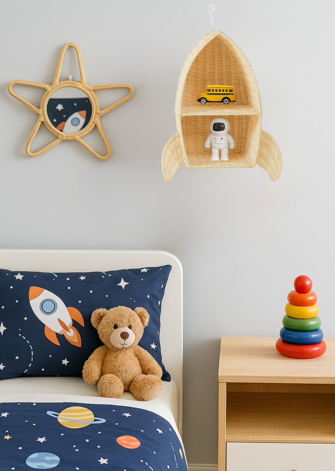 Rattan Rocket Ship Wall Shelf – Space Theme Kids Room & Nursery Decor