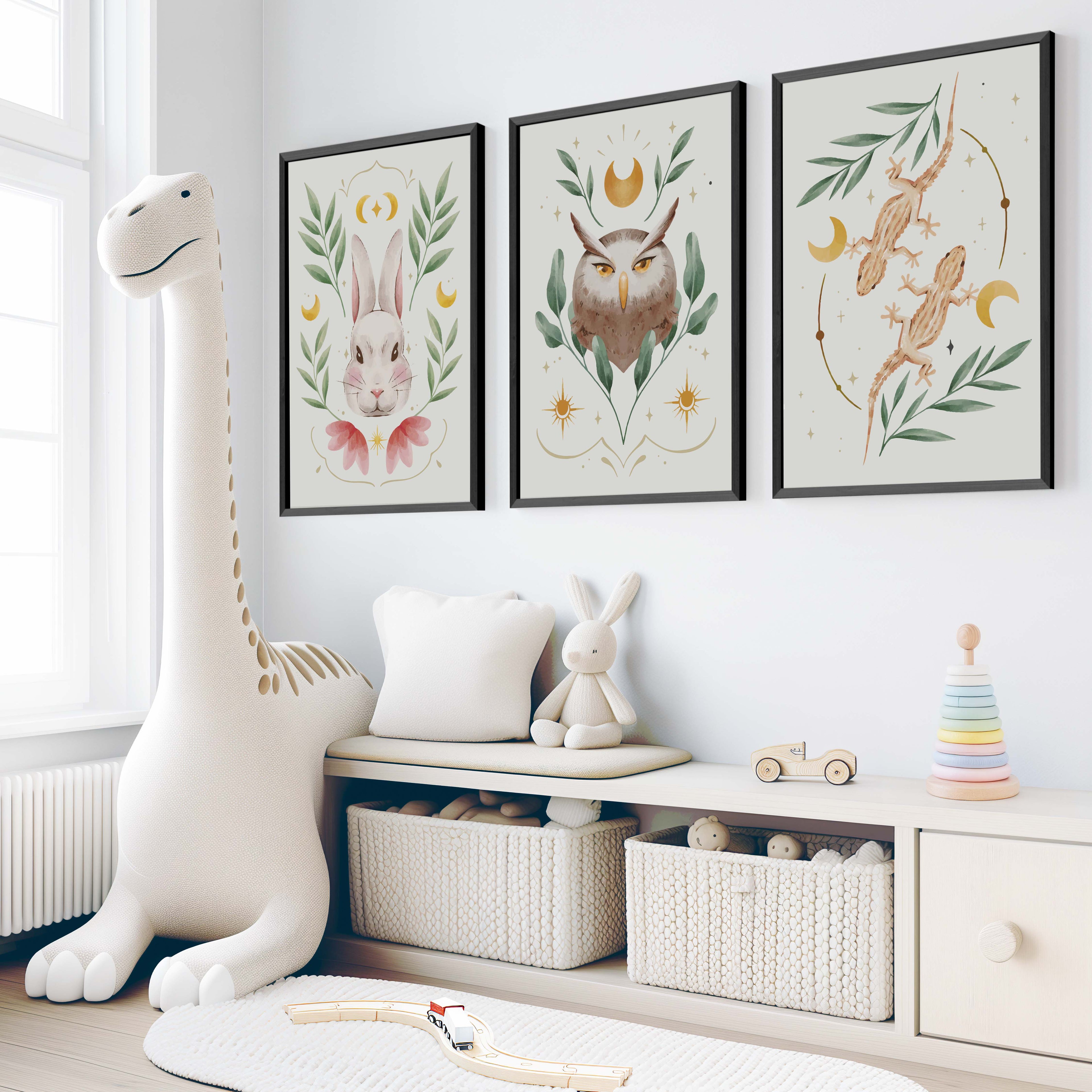 Vintage Nursery Art – Set of 3 Animal & Moon Watercolor Wall Prints | Boho Woodland Nursery Decor