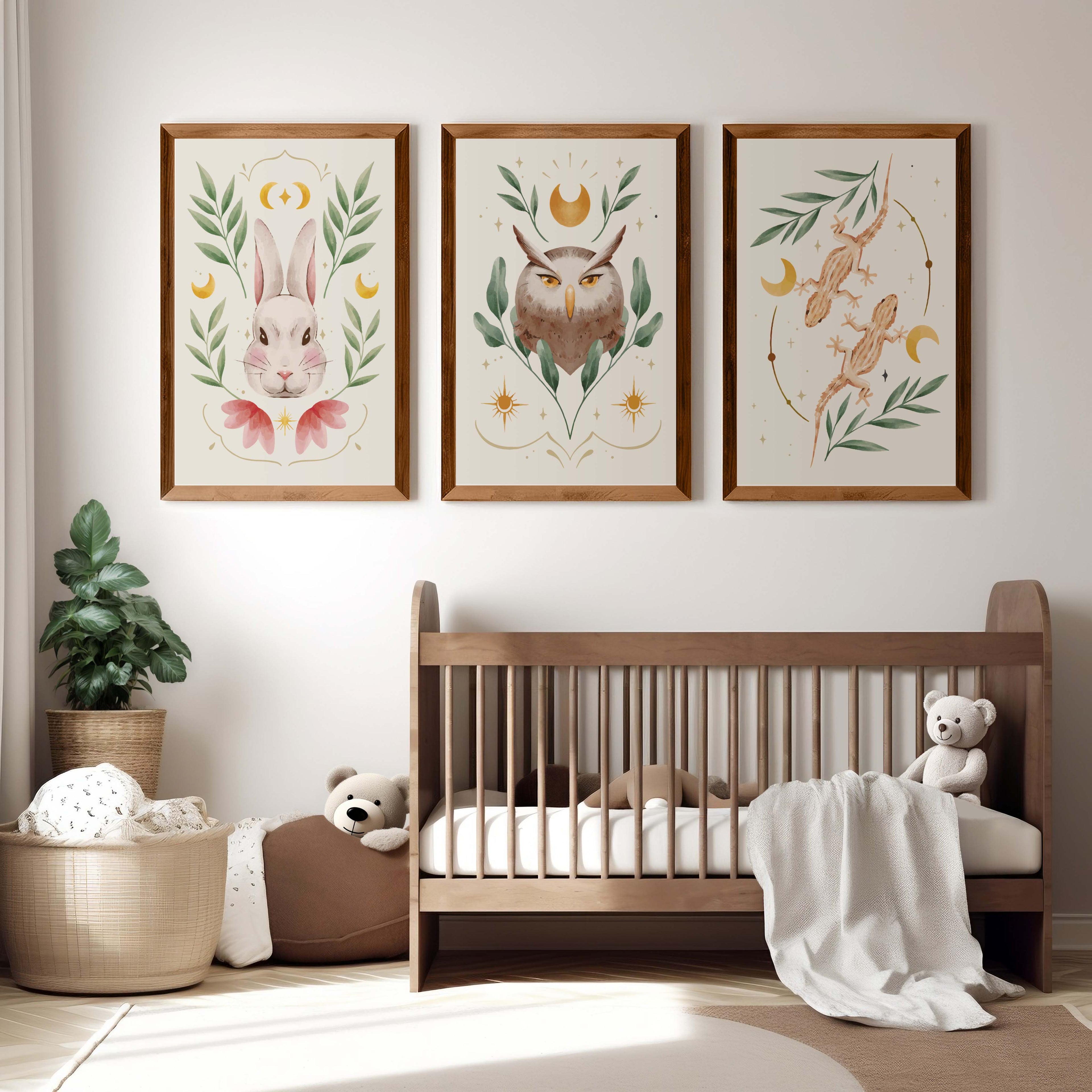 Vintage Nursery Art – Set of 3 Animal & Moon Watercolor Wall Prints | Boho Woodland Nursery Decor