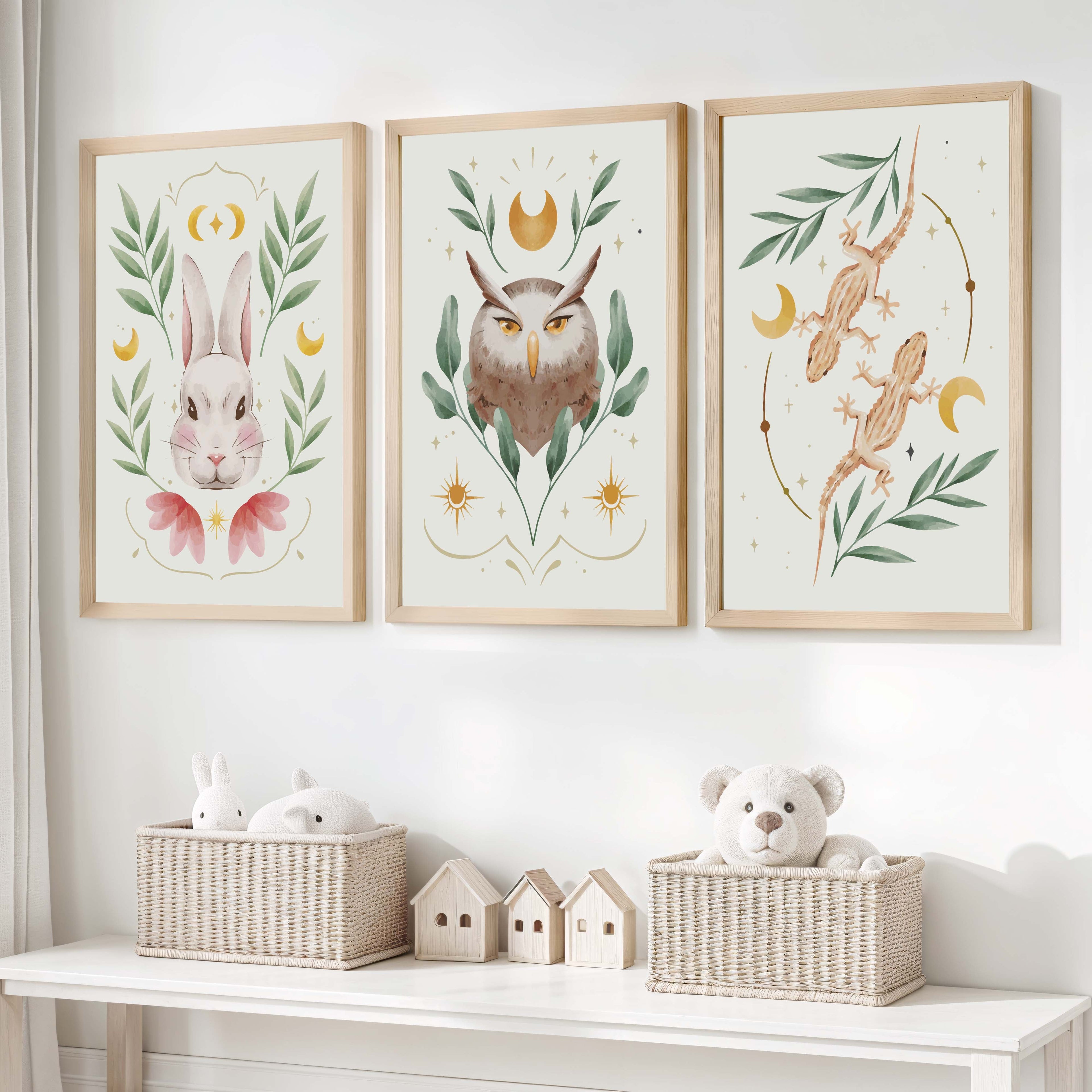 Vintage Nursery Art – Animal & Moon Wall Prints (3 Pieces)