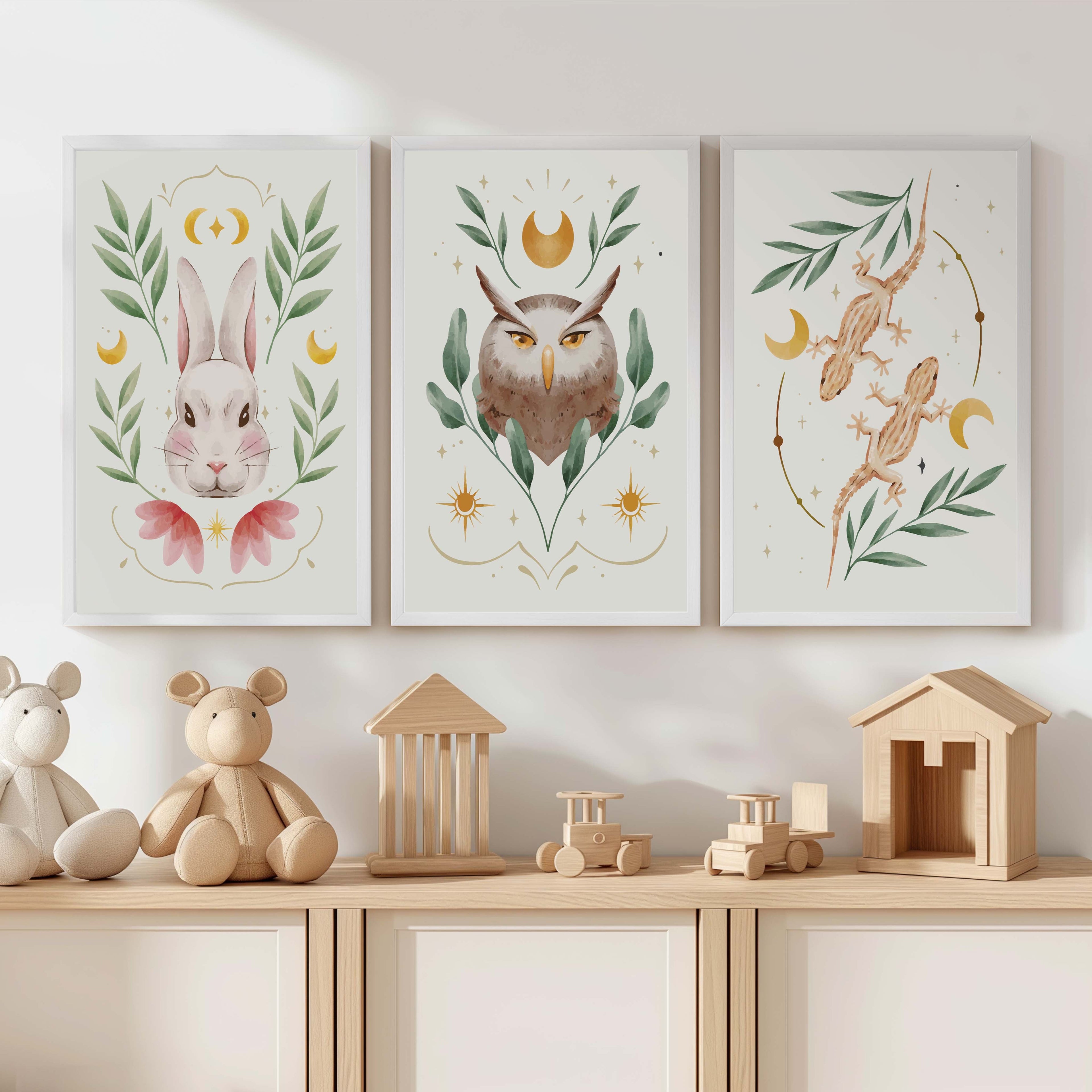Vintage Nursery Art – Set of 3 Animal & Moon Watercolor Wall Prints | Boho Woodland Nursery Decor
