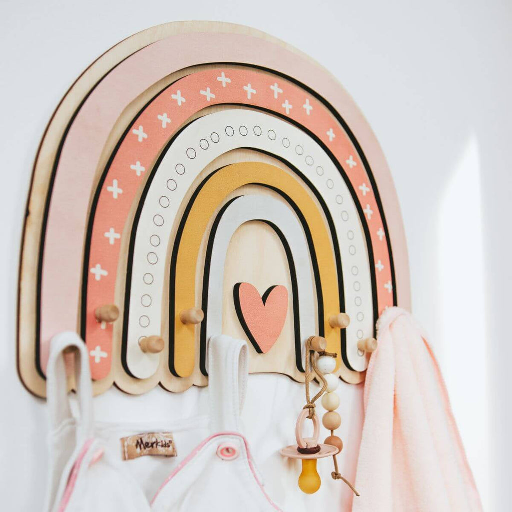 Rainbow Wall Hanger for Kids Room – Wooden Pastel Coat Hook with Knobs for Nursery & Girls Bedroom