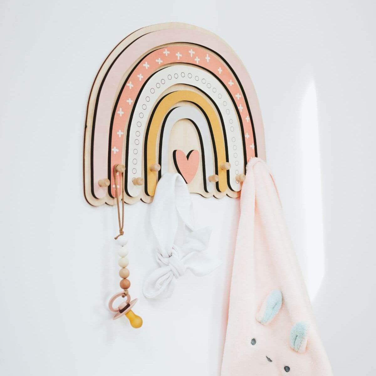 Rainbow Wall Hanger for Kids Room – Wooden Pastel Coat Hook with Knobs for Nursery & Girls Bedroom