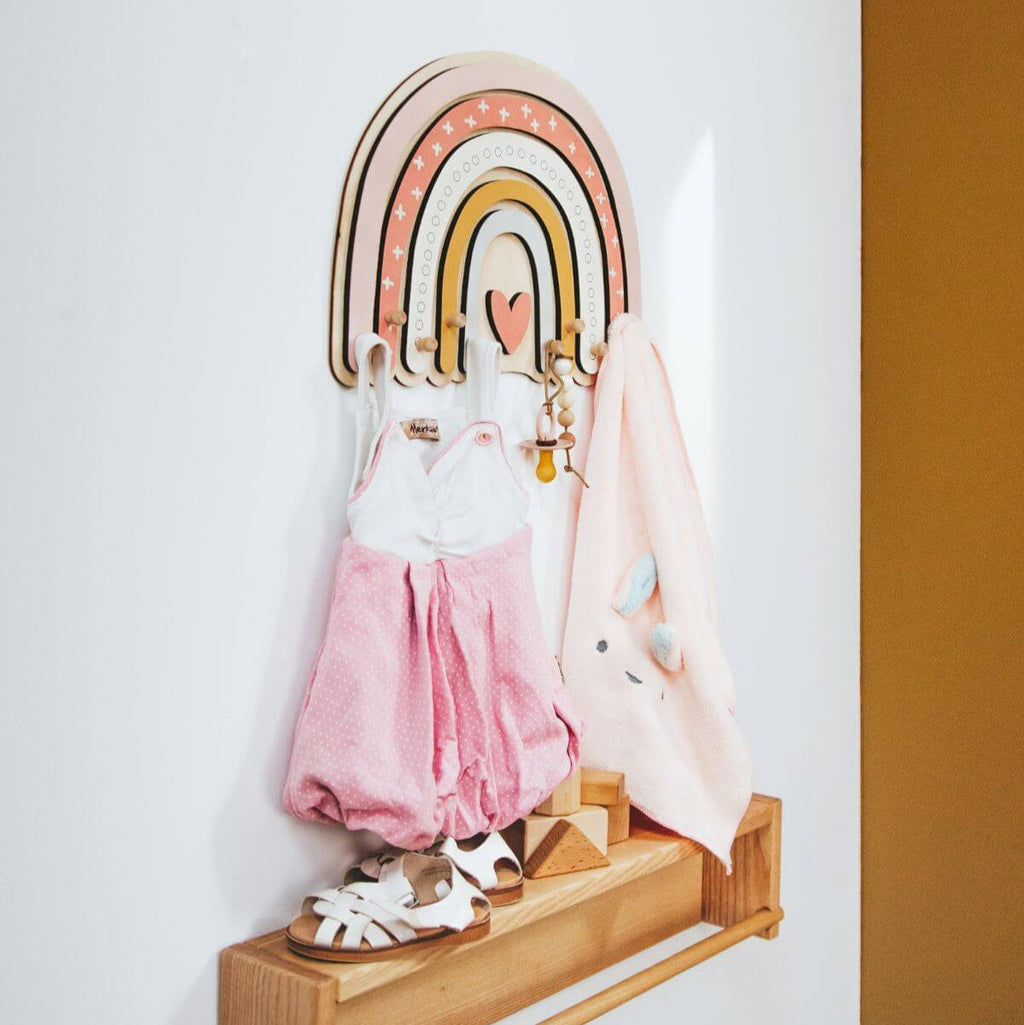 Rainbow Wall Hanger for Kids Room – Wooden Pastel Coat Hook with Knobs for Nursery & Girls Bedroom