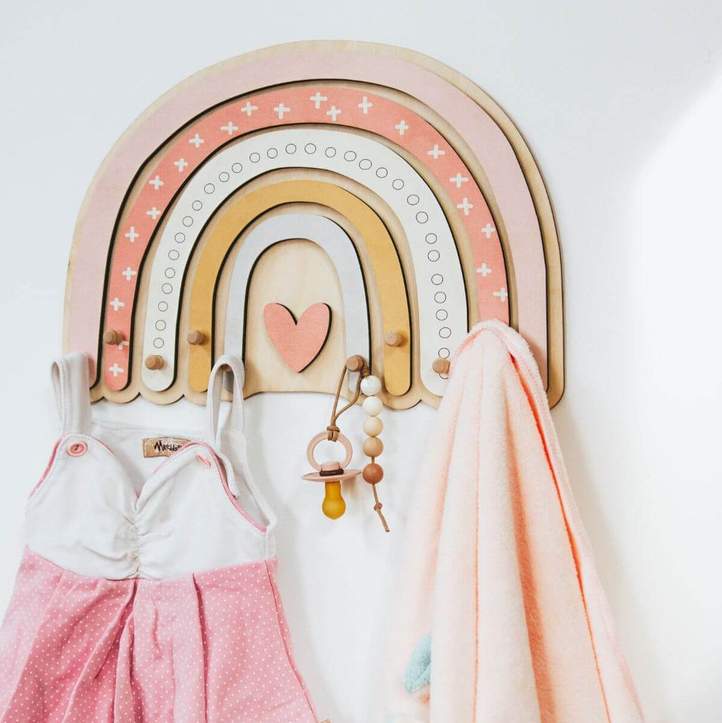 Rainbow Wall Hanger for Kids Room – Wooden Pastel Coat Hook with Knobs for Nursery & Girls Bedroom