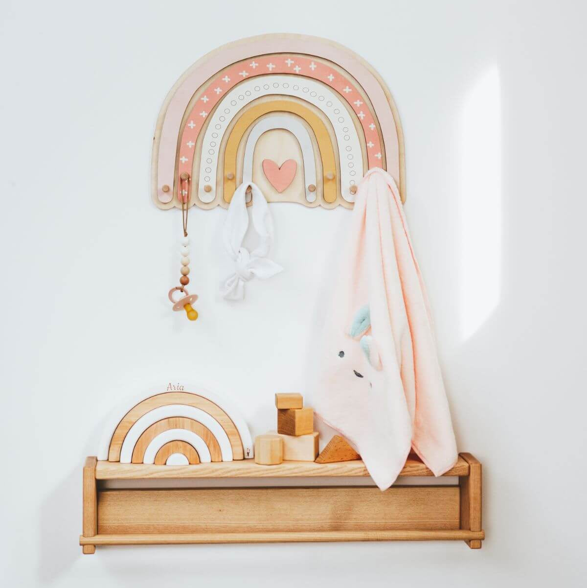Rainbow Wall Hanger for Kids Room – Wooden Pastel Coat Hook with Knobs for Nursery & Girls Bedroom