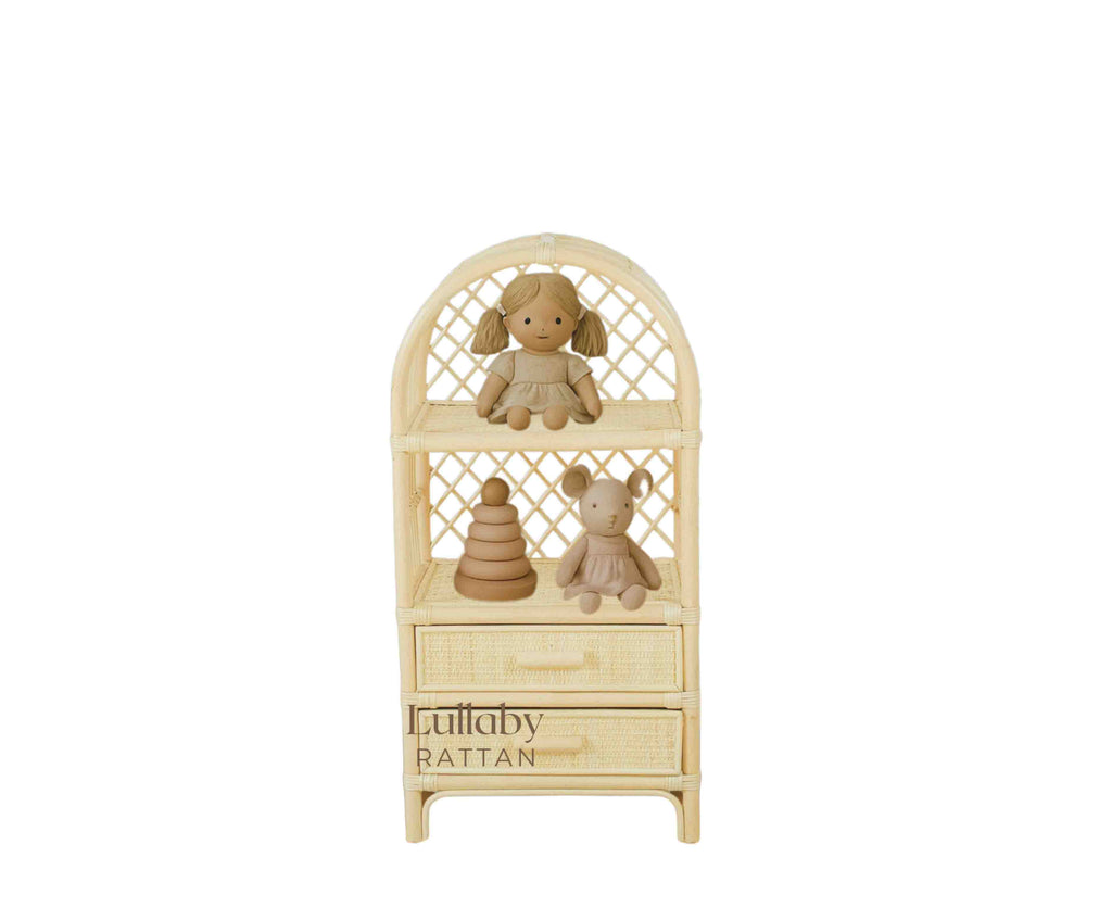 Boho Rattan Kids Bookshelf & Toy Storage – Montessori Doll Shelf, Eco-Friendly Nursery & Playroom Furniture (18x11.8x35")