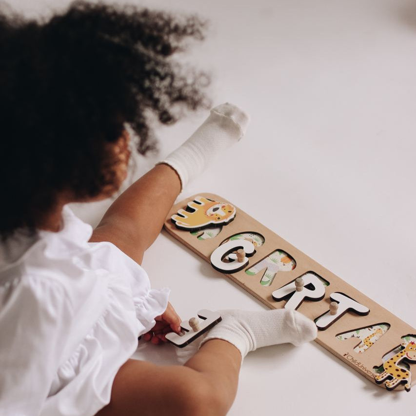 Personalized Safari Name Puzzle for Kids – Wooden African Animal Name Board for Toddlers & Nursery Decor