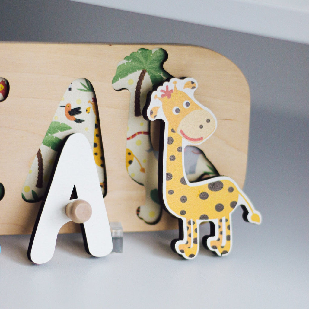 Personalized Safari Name Puzzle for Kids – Wooden African Animal Name Board for Toddlers & Nursery Decor
